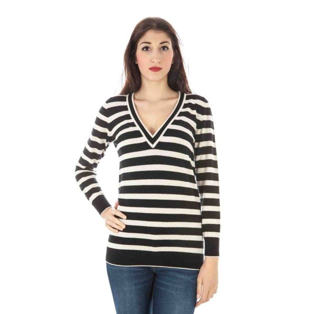 Fred Perry Striped VNeck Merino Wool Sweater Women Black Sweaters